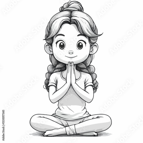 Monochrome cartoon illustration of a young girl sitting cross-legged in a meditative pose with hands together, symbolizing peace, mindfulness, and inner calm