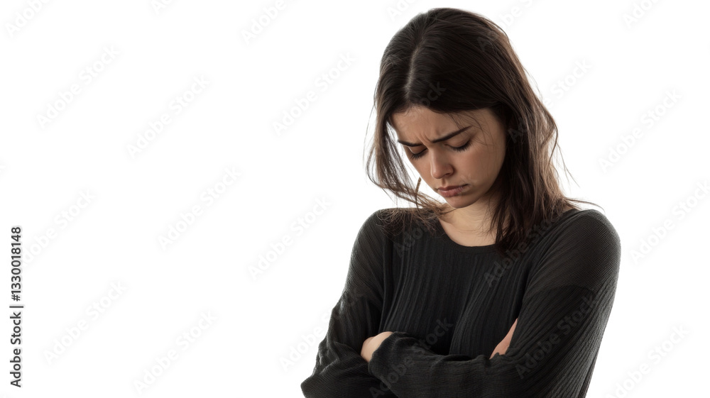 Sad young woman crossing arms on transparent background Sad young woman crossing arms on transparent background