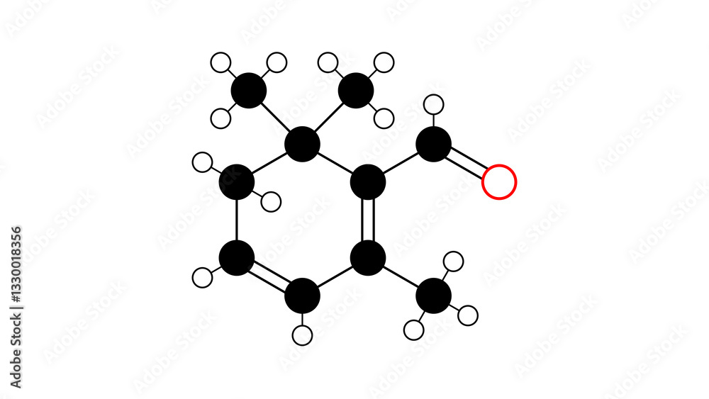 safranal molecule, structural chemical formula, ball-and-stick model, isolated image monoterpenoid safranal molecule, structural chemical formula, ball-and-stick model, isolated image monoterpenoid