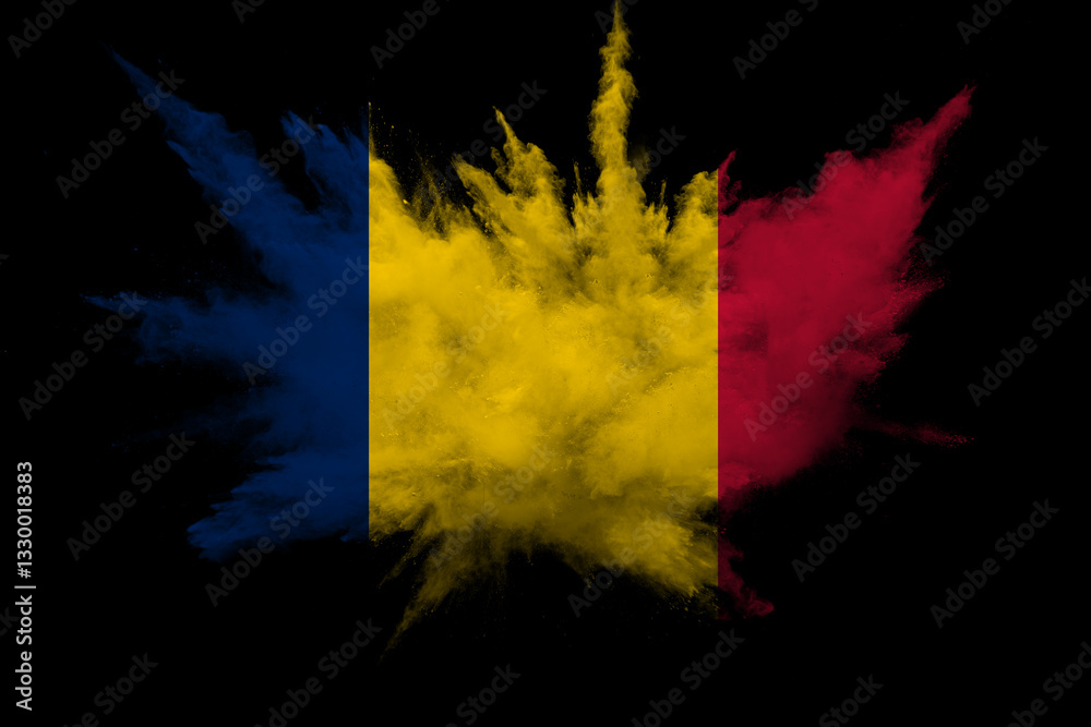 Obraz premium Romania, Romanian smoke flag isolated on black background. National Day December 1st.