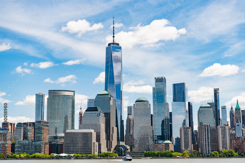 Obraz premium View of Manhattan from hudson river, New York City. USA, NYC NY , Manhattan. Lower Manhattan skyline. New York, United States. New York city skyline in Midtown Manhattan.