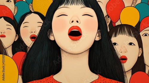 Woman with Red Lips Singing in a Crowd Pixel Art Illustration