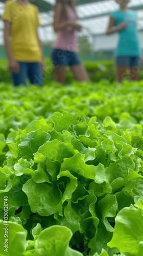 Students harvesting fresh lettuce in school garden, promoting sustainability and teamwork