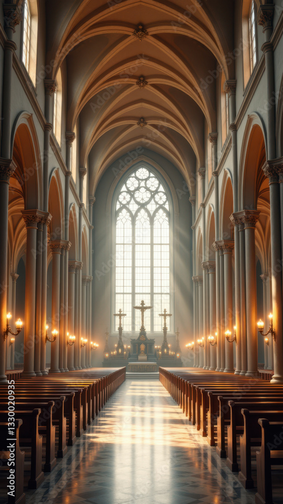 Fototapeta premium A solemn Catholic church interior with sunlight streaming through the windows.