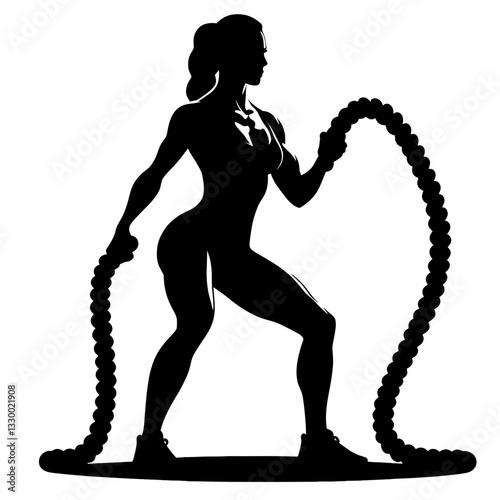 Athletic woman training with battle ropes silhouette