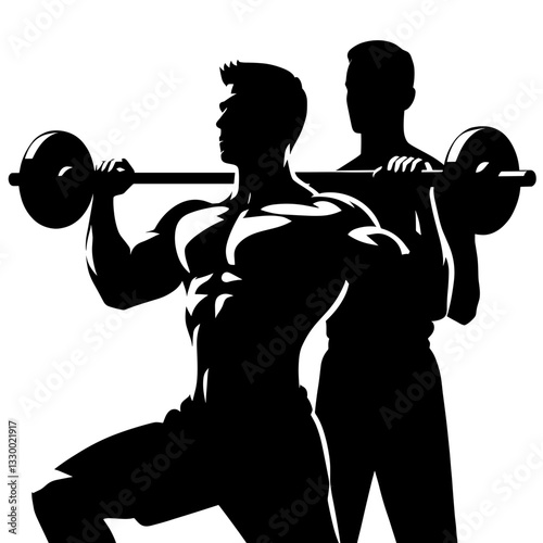 Man lifting barbell with spotter silhouette
