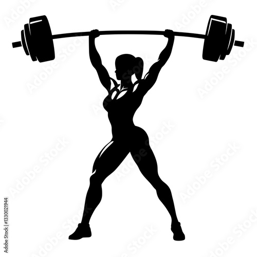 Strong woman lifting barbell overhead silhouette