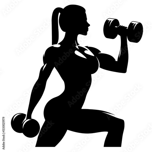 Strong woman lifting dumbbells silhouette