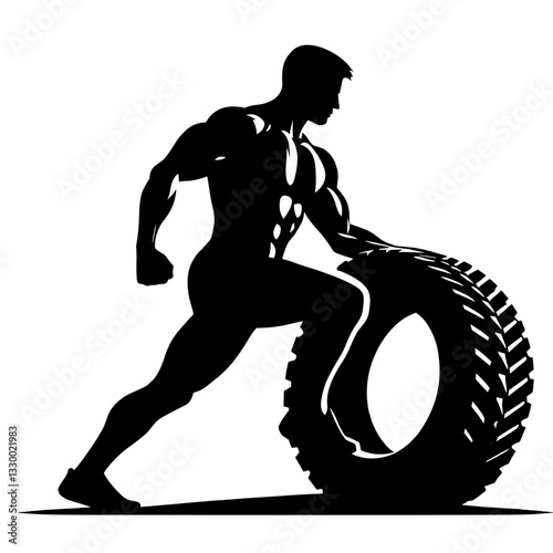 Muscular man flipping heavy tire silhouette