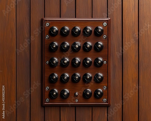 Vintageinspired mahogany switch panel with rotary dimmer controls, classic interior charm