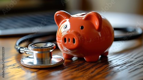 Piggy bank and stethoscope on wooden table
