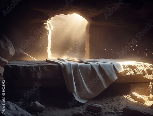 Obraz na płótnie Bright Sunrise and Empty tomb of Jesus Christ, Ressurection Christian Illustration Concept w salonie