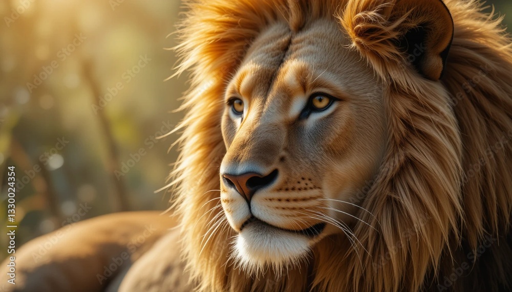 Fototapeta premium Close-up photo of a lion's face against a wild background