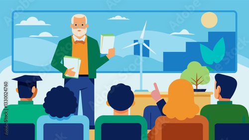 A retired professor gives a lecture on the importance of renewable energy at a community center.. Vector illustration