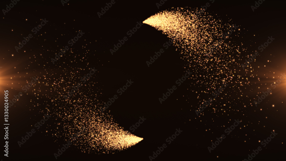 Fototapeta premium Bright luxury golden particles background. Golden light trails of glittering particles on dark background with soft golden light. Celebration, event, greetings card and invitation.