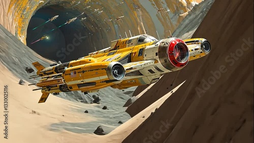 Yellow Spaceship Flying Through Canyon Dramatic Sci Fi Illustration