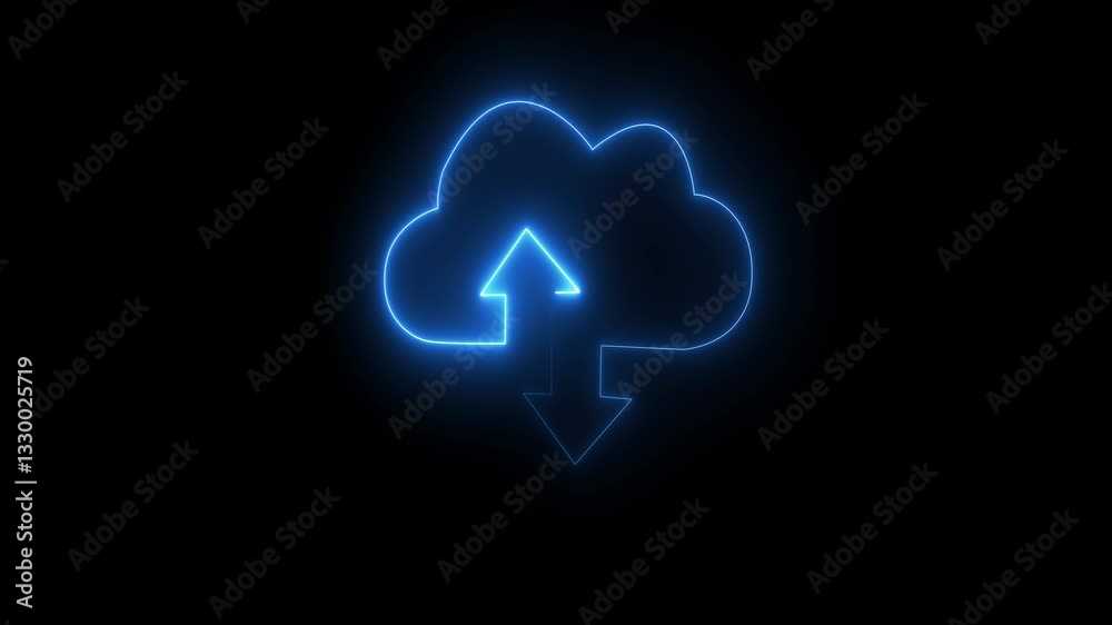 Cloud analytic downloading data. Cloud space and technology, data backup, file repository. Neon digital cloud icon, data transfer animation. Cloud analytic downloading data. Cloud space and technology, data backup, file repository. Neon digital cloud icon, data transfer animation.