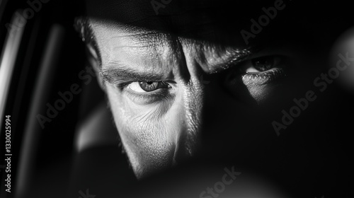 Close-up of noir detective’s intense eyes through shadowed car window with dramatic lighting, creating a suspenseful crime drama atmosphere and classic film noir aesthetic