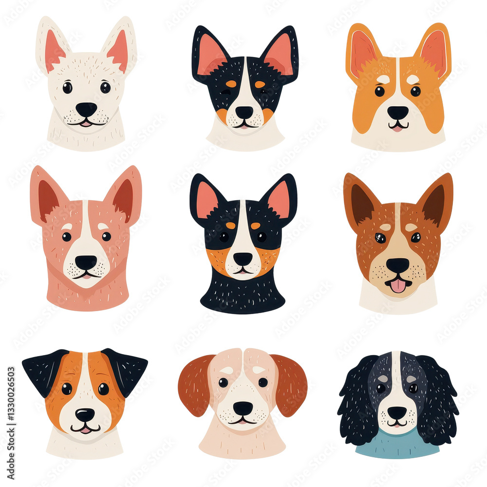 Fototapeta premium Illustrated dog faces in various breeds and colors