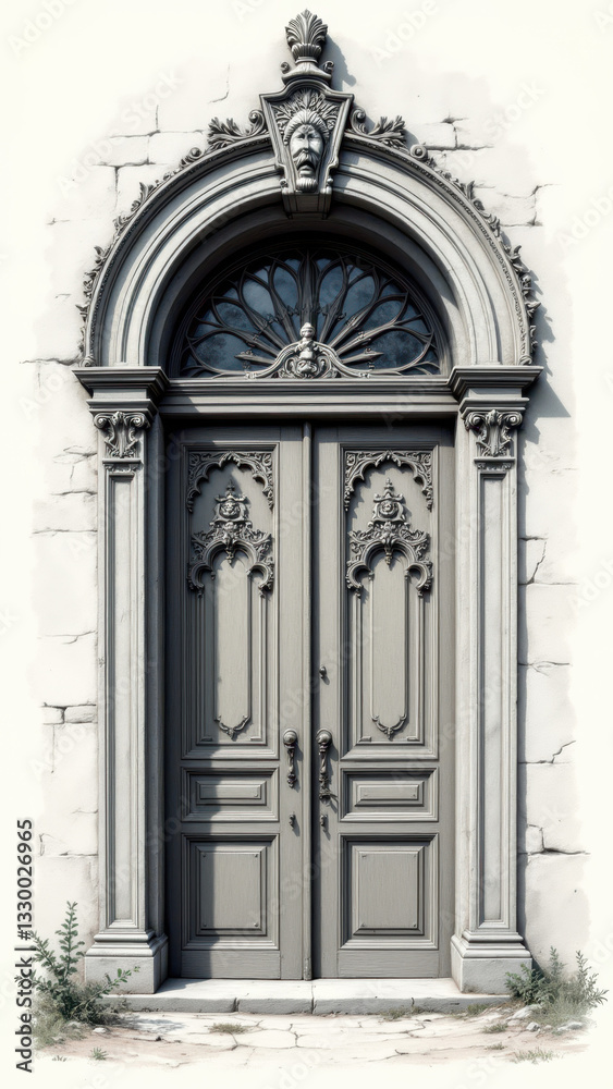 Ornate gothic-style door with a carved religious symbol on its left side, possibly depicting the Virgin Mary, set into an old stone wall. Ornate gothic-style door with a carved religious symbol on its left side, possibly depicting the Virgin Mary, set into an old stone wall.