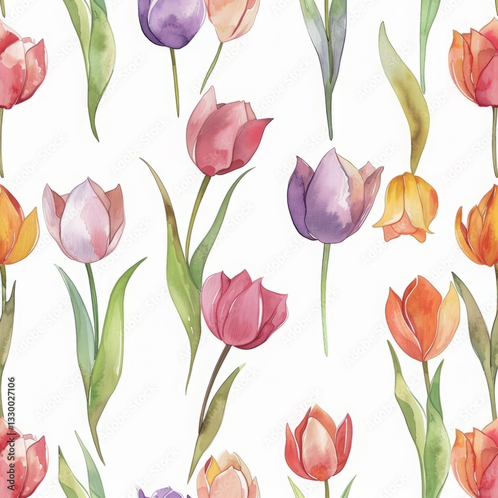 Obraz premium Seamless pattern with colorful tulips watercolor drawing abstract illustration on white background