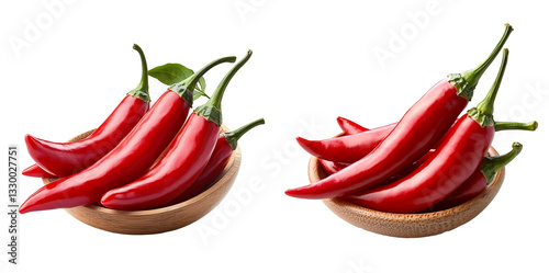Set of fresh red peppers in wooden bowl isolated on transparent background. PNG file
