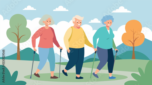 A group of seniors walking on a trail with walking poles to improve stability.. Vector illustration