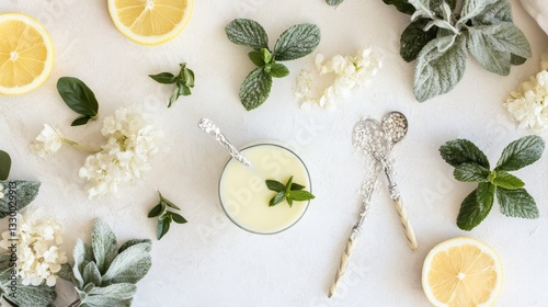 Wallpaper Mural Lemon Cream Dessert with Floral Garnish: A Delightful Culinary Still Life Torontodigital.ca