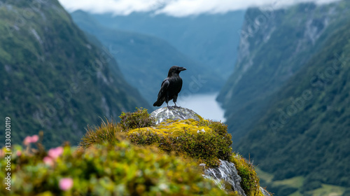 A raven stands on a moss-covered rock with a stunning fjord view behind it