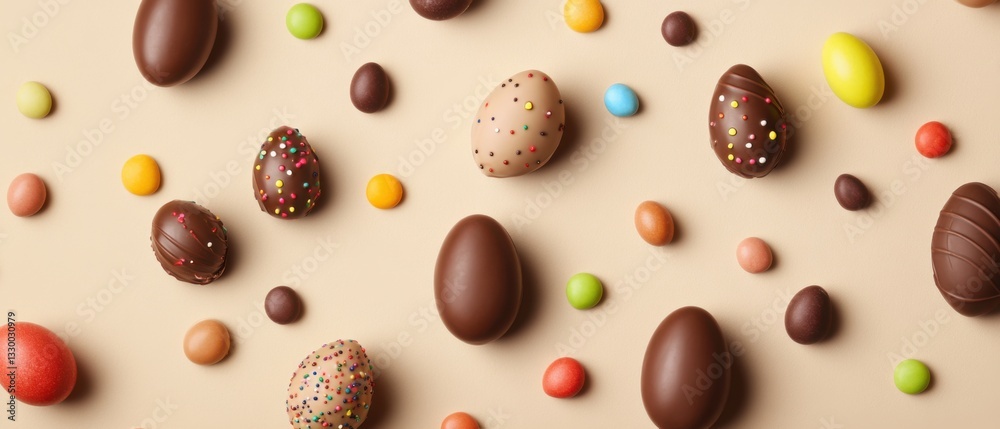 Delicious chocolate Easter eggs and colorful candy dots on beige background Concept of Easter holiday, spring celebration, and sweet dessert