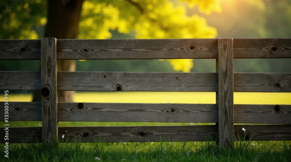 Rustic Wooden Fence Section Against a Vibrant Field and Sunlit Tree Background Rustic Wooden Fence Section Against a Vibrant Field and Sunlit Tree Background