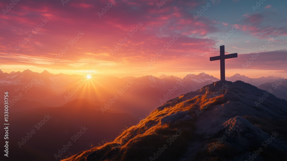Sunset Over Cross on Mountain Summit Sunset Over Cross on Mountain Summit
