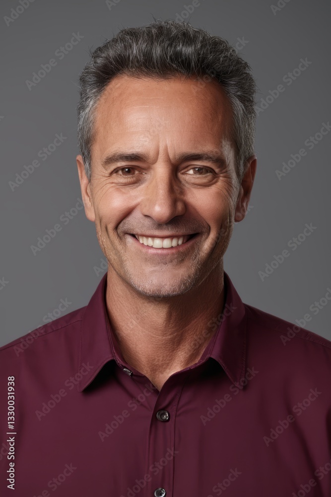 smiling man in a maroon shirt with a gray background smiling man in a maroon shirt with a gray background