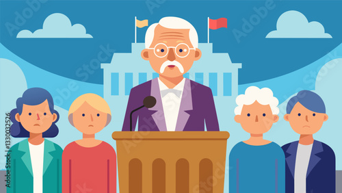 A senior citizen addressing a panel of lawmakers sharing their personal story and urging for increased funding for senior programs.. Vector illustration
