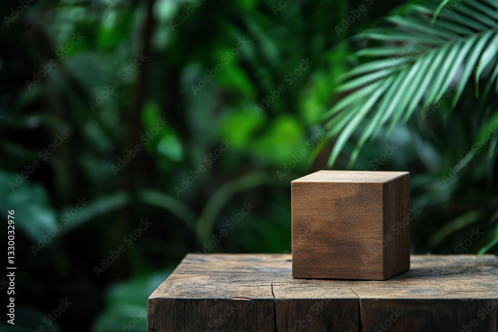 Wooden cube podium in tropical forest for product presentation and green background. empty wooden tabletop podium in garden open forest, blurred green plants background with space Wooden cube podium in tropical forest for product presentation and green background. empty wooden tabletop podium in garden open forest, blurred green plants background with space
