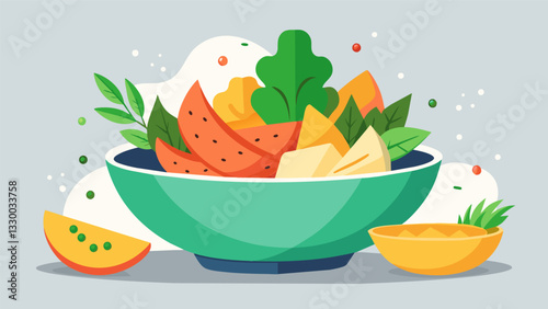 An assortment of hand vegetable chips drizzled with homemade herbinfused oils and sprinkled with sea salt all made with ingredients from local farms.. Vector illustration