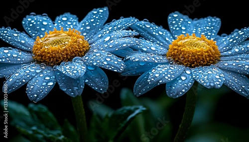 Dew-kissed blue daisies, dark background