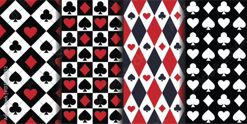 Set of 4 playing card symbols themed vector seamless patterns