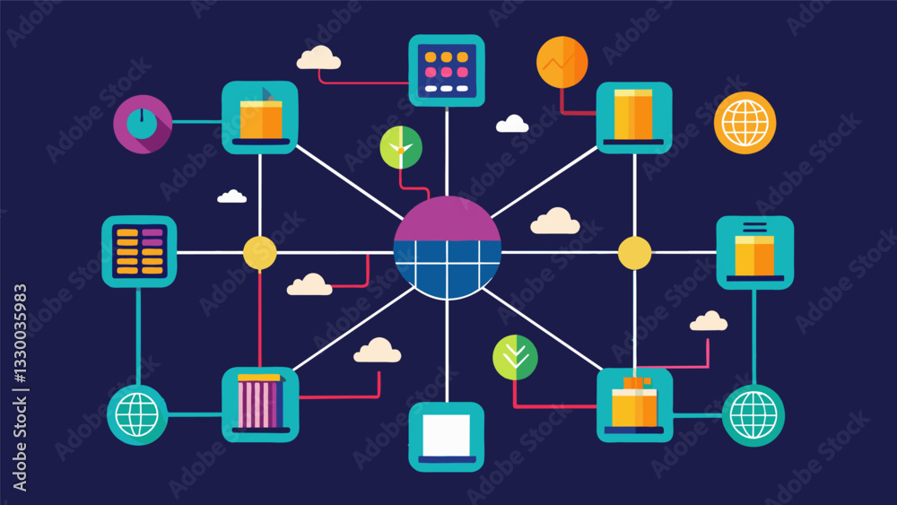 Every node and junction of the energy grid is closely monitored its data vital in keeping the system stable and responsive.. Vector illustration Every node and junction of the energy grid is closely monitored its data vital in keeping the system stable and responsive.. Vector illustration