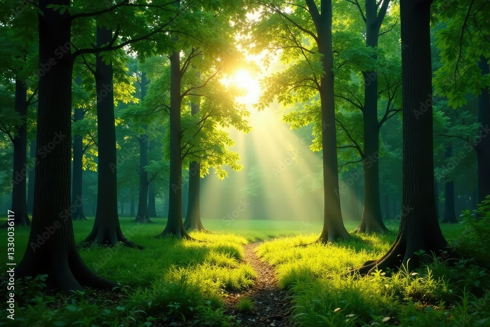 Obraz premium Sunlit forest glade with tall trees and dappled light, landscape, greenery, serenity
