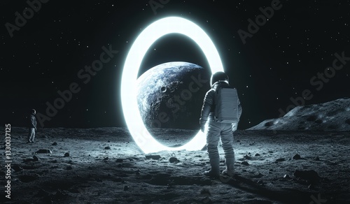 Cosmonautics Day. astronaut on the moon, gazing through a giant ring-shaped portal toward Earth. Surrounded by a starry sky, the scene evokes a sense of mystery and wonder