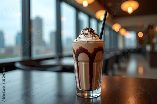 A tall glass of chocolate milkshake topped with whipped cream and chocolate sprinkles sits on a wooden table inside a modern cafe with large windows photo