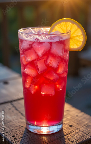 Vibrant Red Fruit Punch with Lemon Slice in Tall Glass