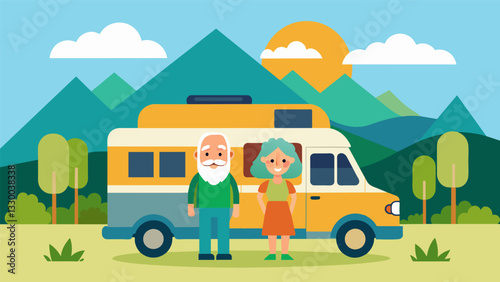 A retired couple trading their suburban home for a life on the road and capturing their RV travels and nomadic lifestyle on their travel blog.. Vector illustration