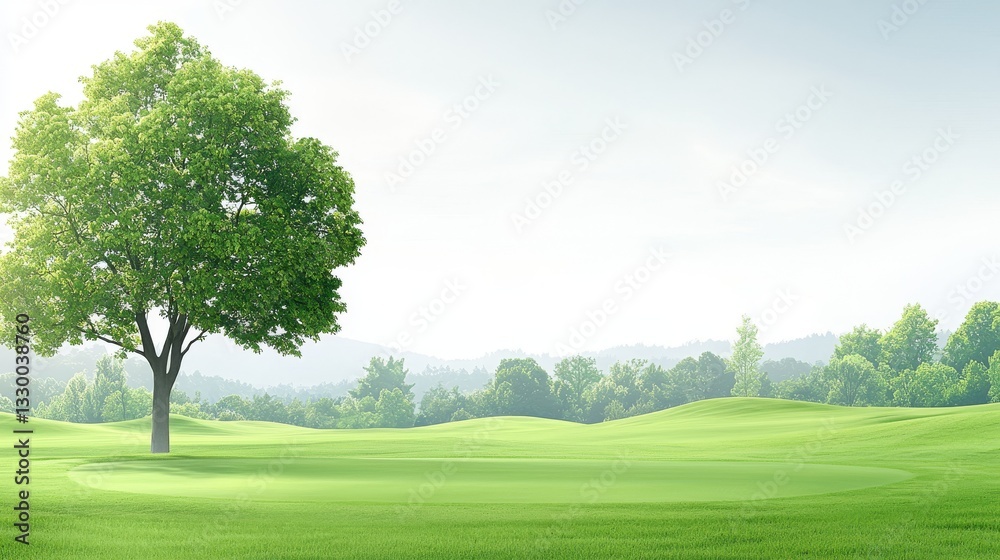 Majestic tree gracing the lush green fairway of a picturesque golf course lush Majestic tree gracing the lush green fairway of a picturesque golf course lush