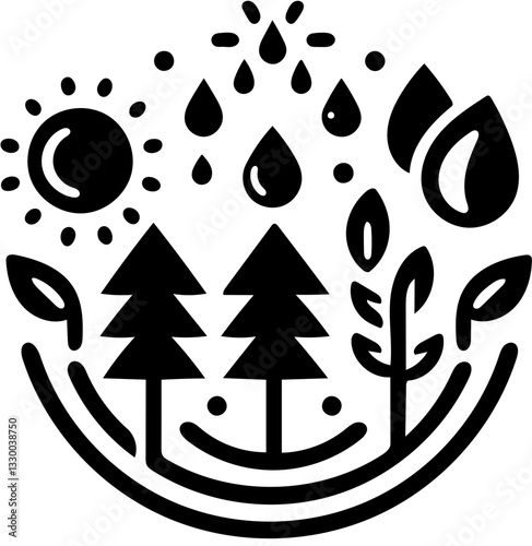 Black and white vector illustration of sun, rain, trees, and plant for nature and environment logo