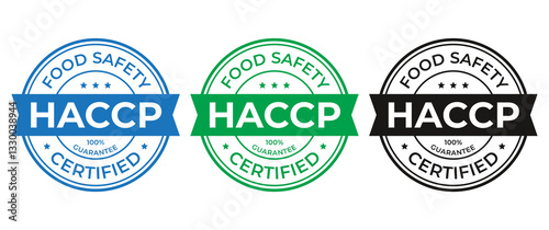 HACCP certified stamp. Hazard analysis and Critical Control Points emblem. Food safety system seal imprint. Quality warranty icon sticker. Round marketing badge with ribbon. Vector illustration.