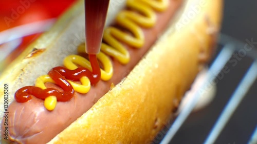 Hot dog with mustard and ketchup toppings . Fast food 