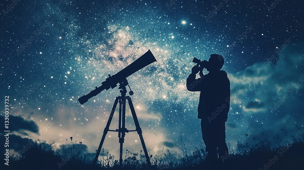Astronomer Gazing Through Telescope at Starry Night Sky Astronomer Gazing Through Telescope at Starry Night Sky