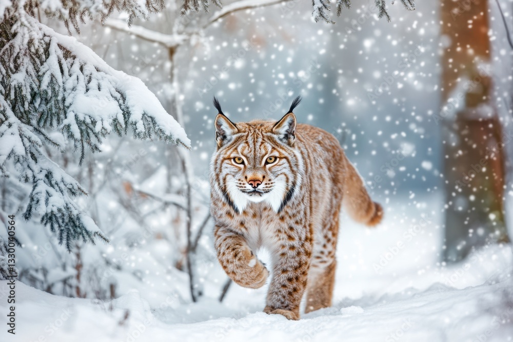 Obraz premium Majestic Lynx Walking Through Snowy Wilderness / Wild Lynx in a Winter